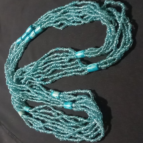 Long or layered glass seed bead aquamarine necklace 48 inches long - Picture 1 of 9